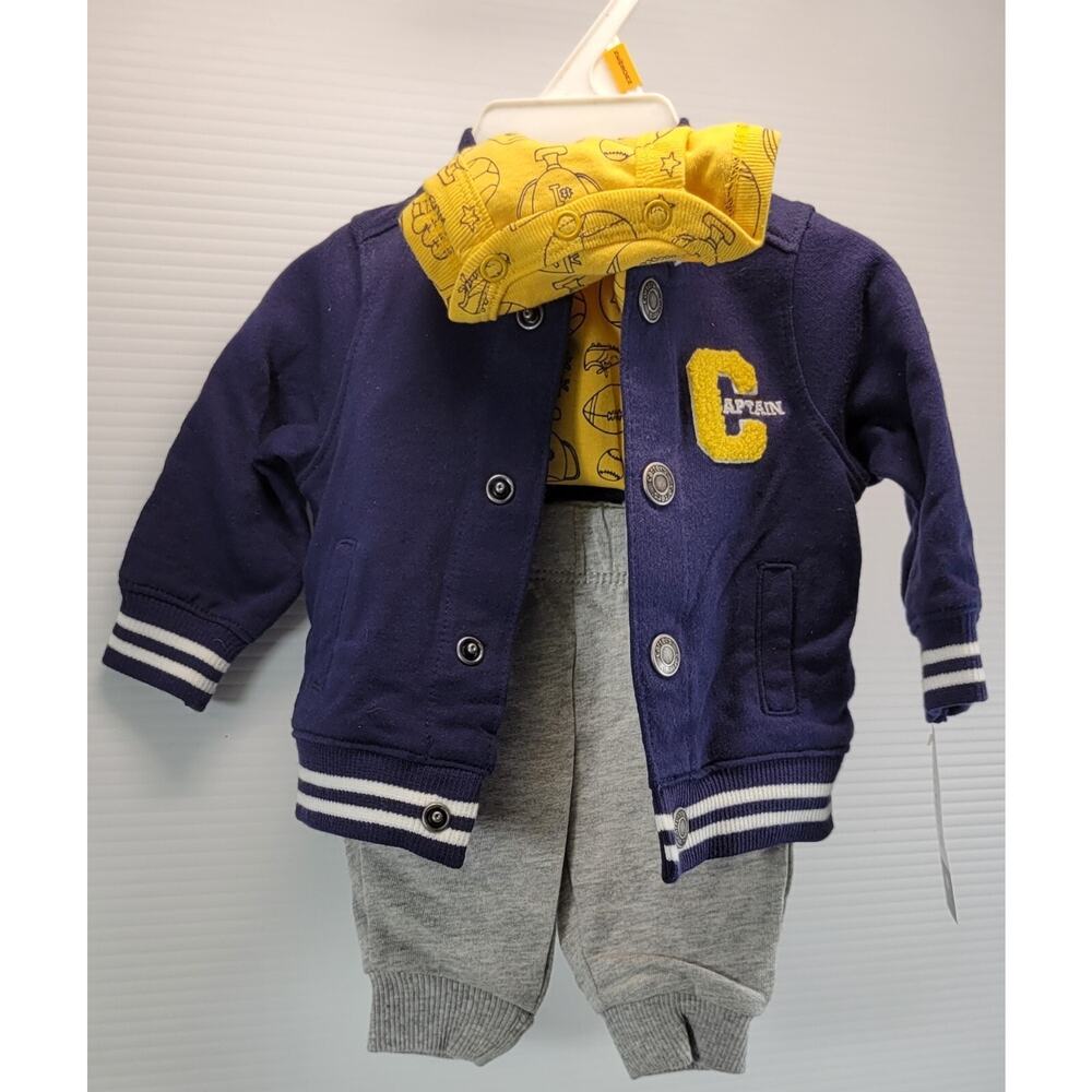 N) Carter's Baby 3-Piece Newborn Sports Captain Little Blue Varsity Jacket Set - Picture 2 of 7